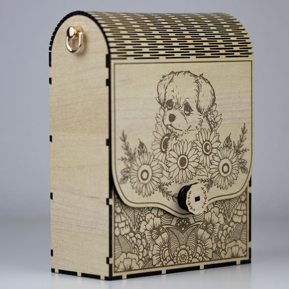 Holz Handtasche mit Welpenmotiv – Ein einzigartiges Design aus Ahornholz